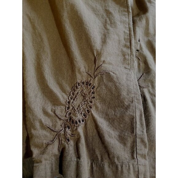 AKC Womens XL Top Capri Pants Suit Set Linen Blend Embroidered Cut Work Brown - Picture 13 of 13